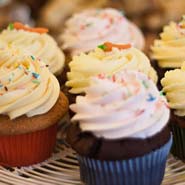 Bakeshop shop window with cakes